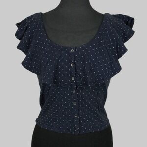 American Eagle Women's Ruffle Sleeve Blouse S Navy Polka Dot Button Front